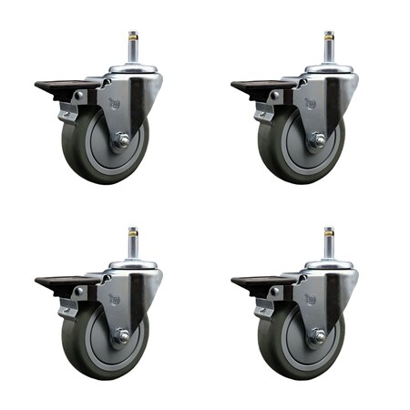 Service Caster 4'' Gray Poly Swivel 7/16'' Grip Ring Stem Caster Set with Brake, 4PK SCC-GR20S414-PPUB-PLB-716138-4